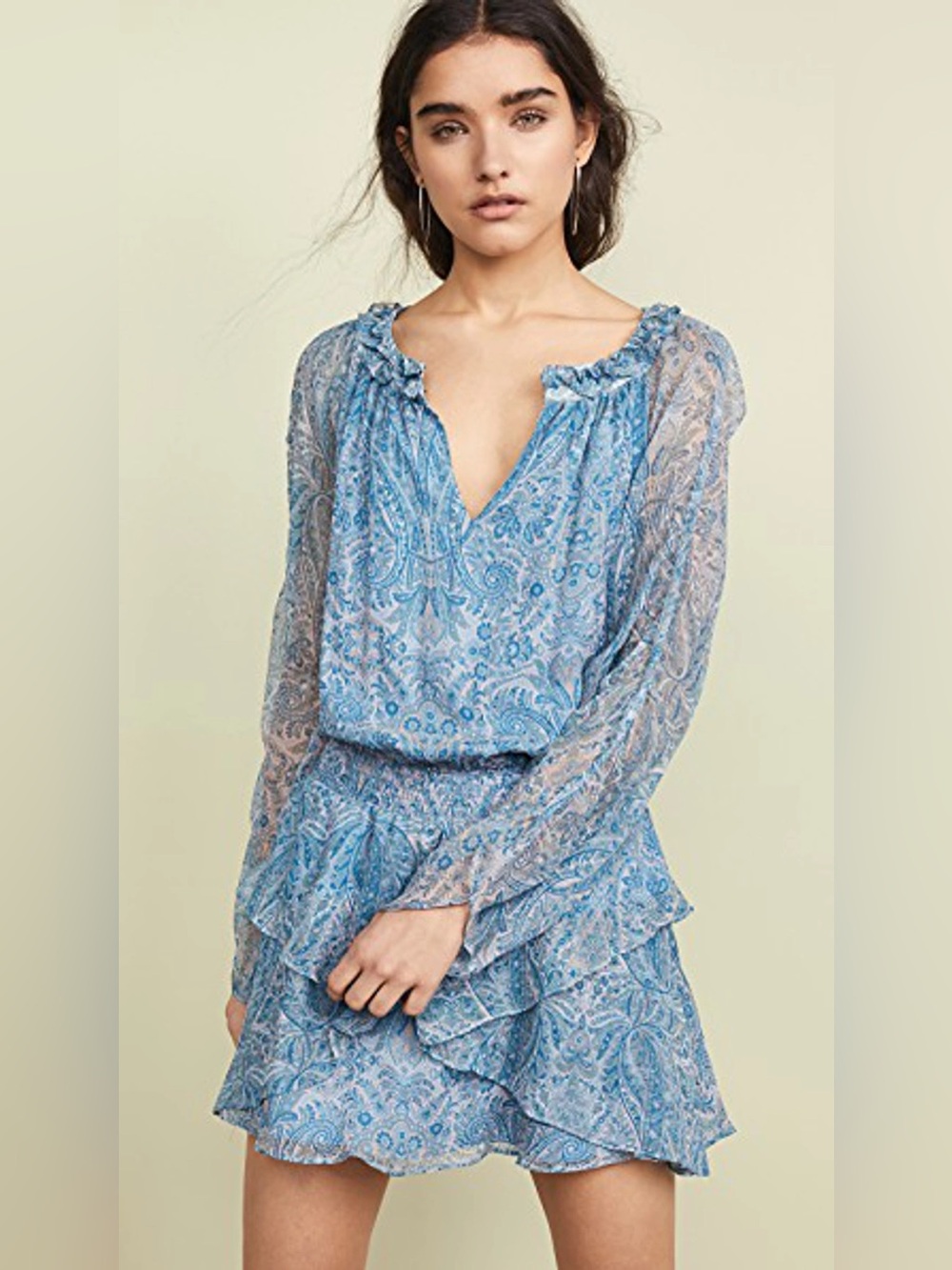 Ramy Brook Olina Dress Brush Blue Paisley Silk Long-Sleeve Smocked Waist Sz L